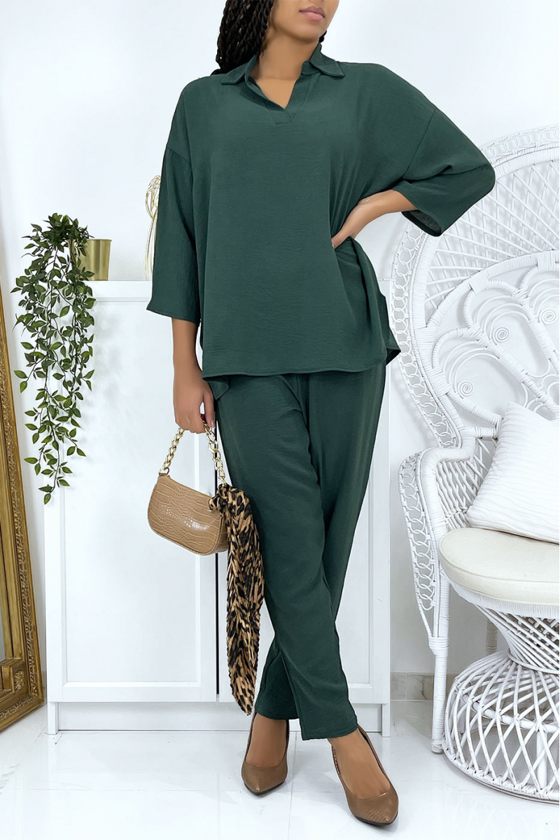 Fir green fluid blouse and pants set - 1