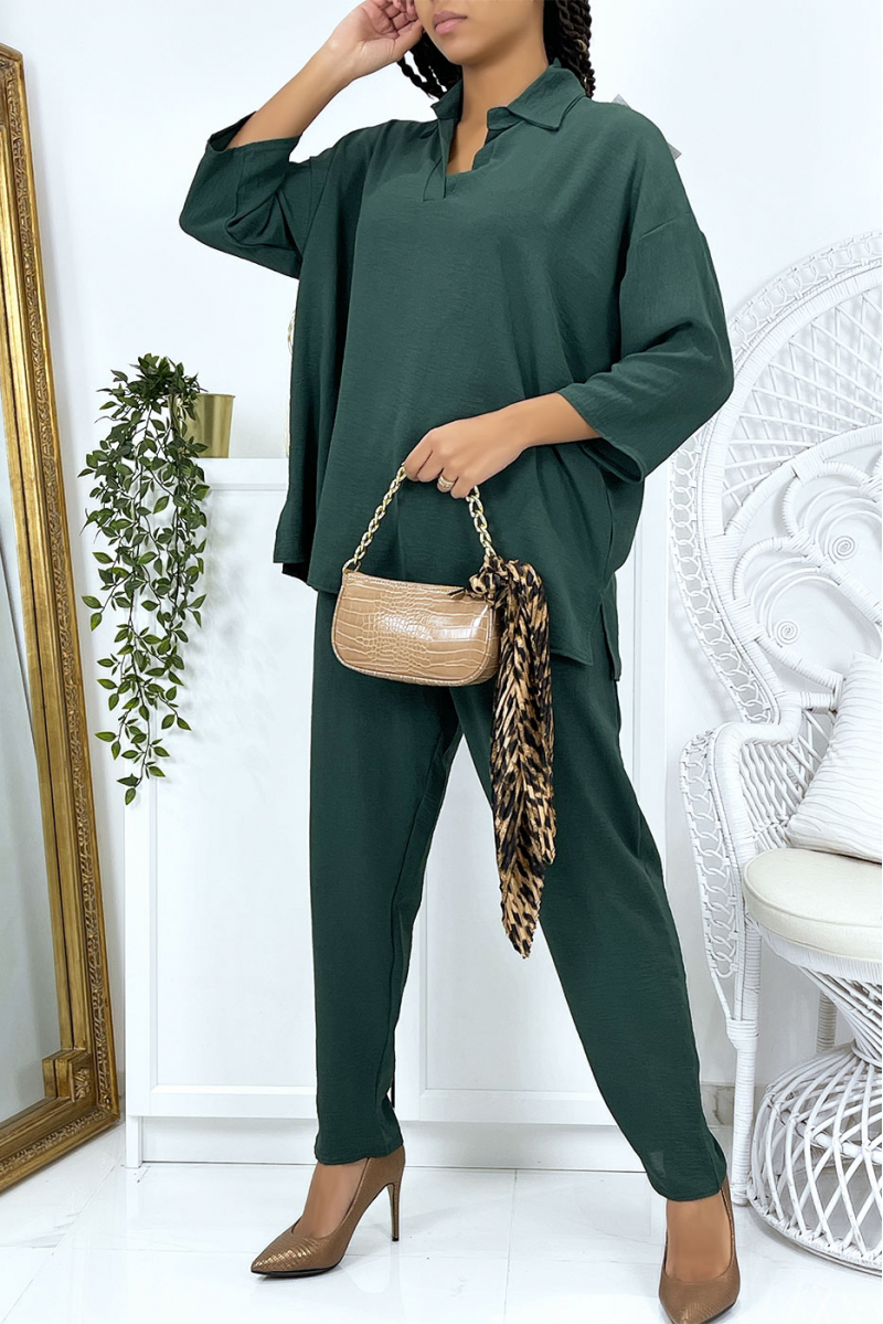 Fir green fluid blouse and pants set - 2
