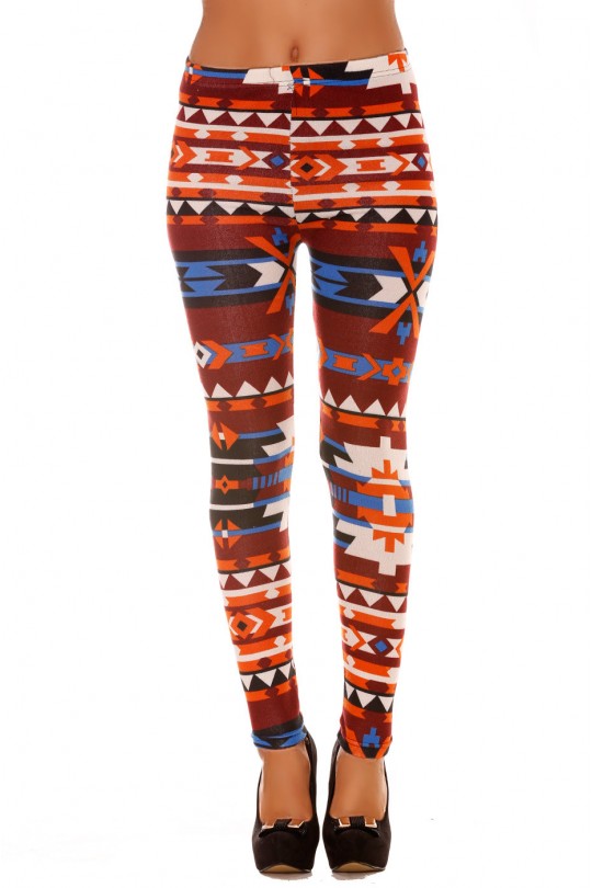 Legging in gekleurd acryl oranje, bordeaux, blauw en Azteekse patronen. Goedkope legging 113-2 - 2