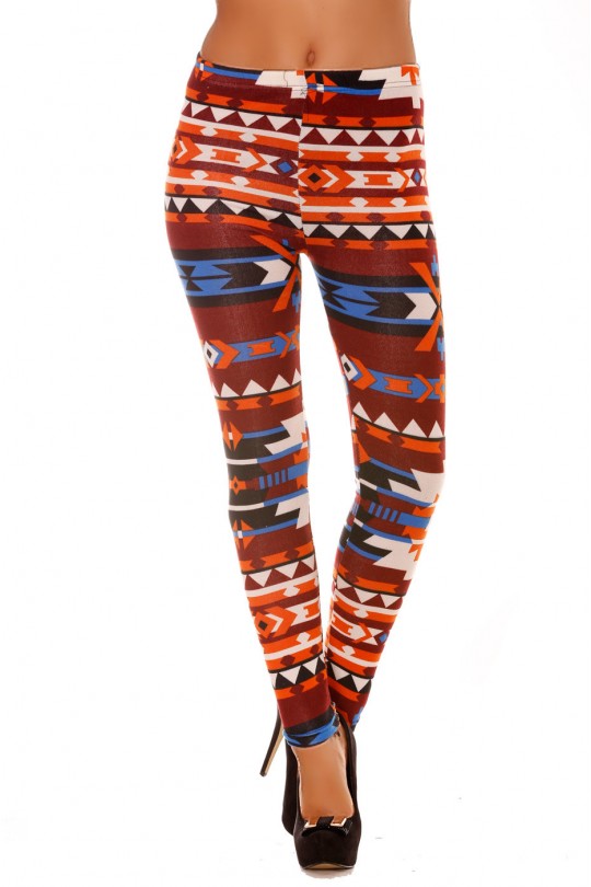 Leggings en acrylique coloré orange, bordeaux, bleu et motifs aztèque. Leggings pas cher 113-2 - 3