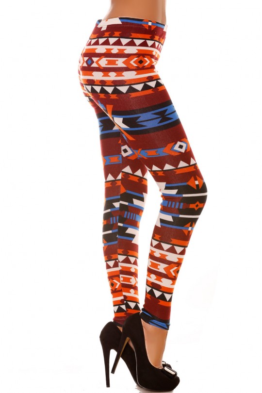 Leggings en acrylique coloré orange, bordeaux, bleu et motifs aztèque. Leggings pas cher 113-2 - 4
