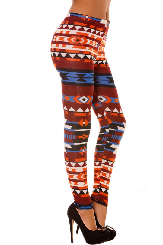 Leggings en acrylique coloré orange, bordeaux, bleu et motifs aztèque. Leggings pas cher 113-2 - 5