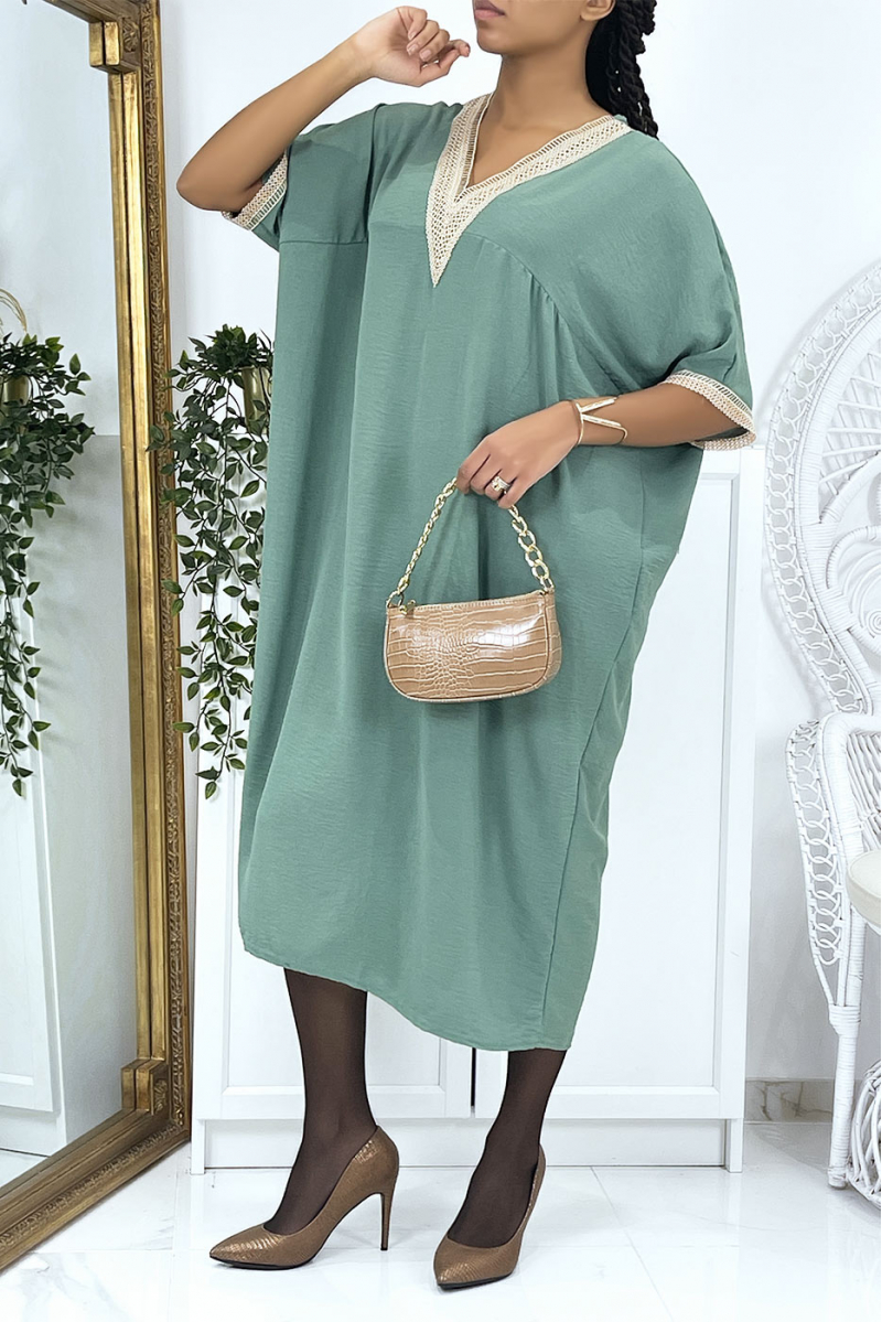 Oversized sea green vol V tunic dress with lace - 1