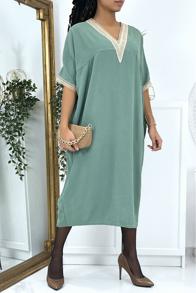 Oversized sea green vol V tunic dress with lace - 3