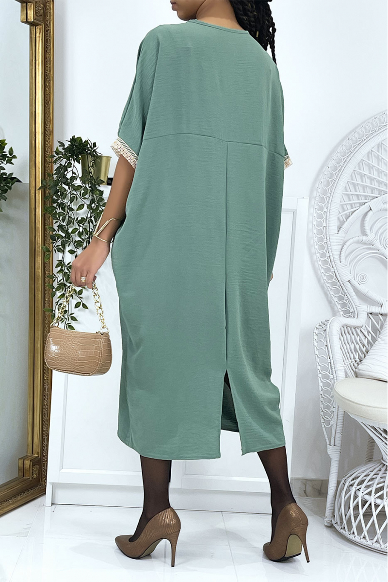 Oversized sea green vol V tunic dress with lace - 4