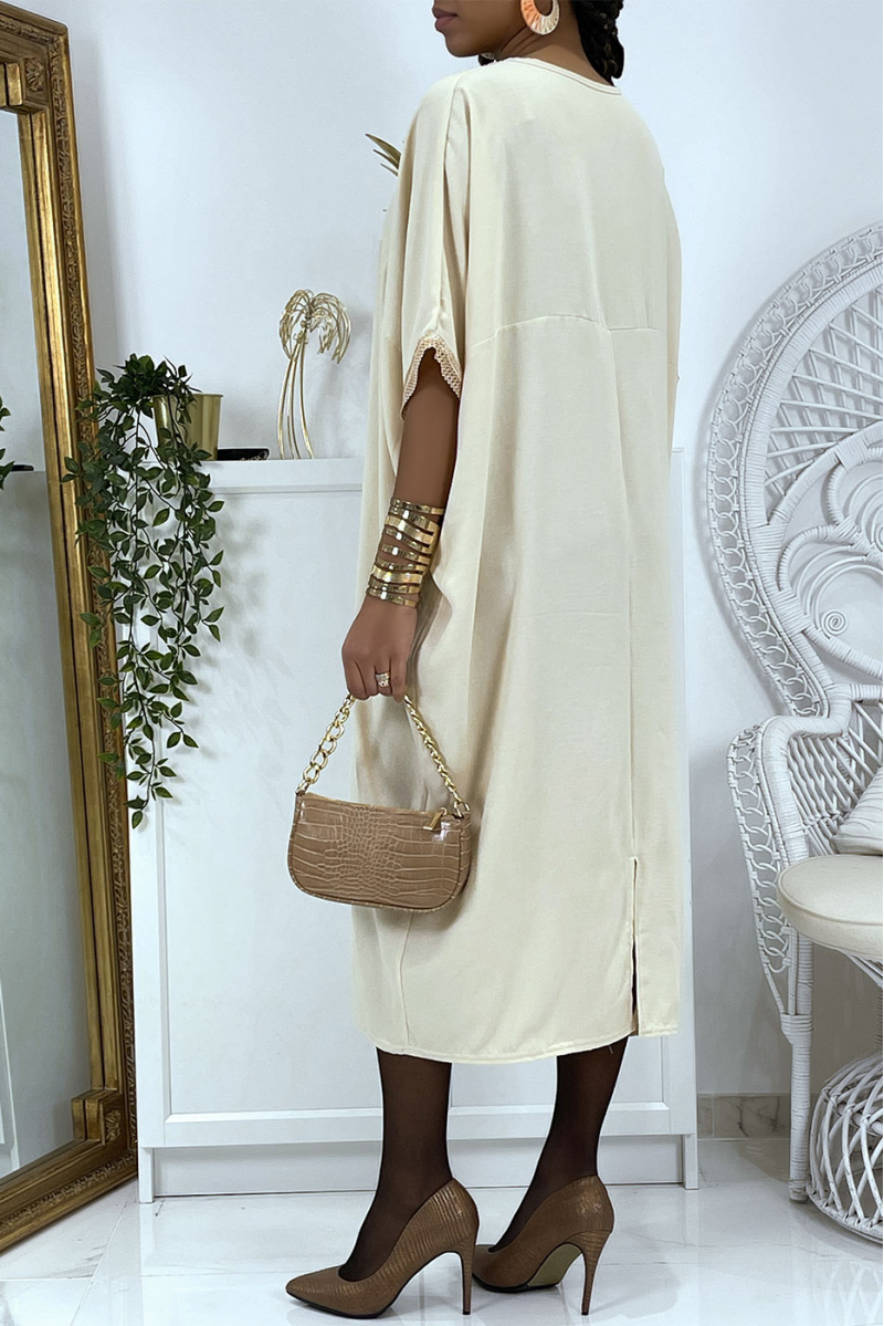 Beige vol V oversize tunic dress with lace - 3