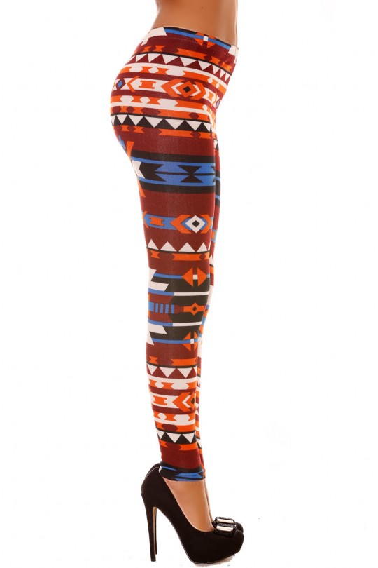 Leggings en acrylique coloré orange, bordeaux, bleu et motifs aztèque. Leggings pas cher 113-2 - 7