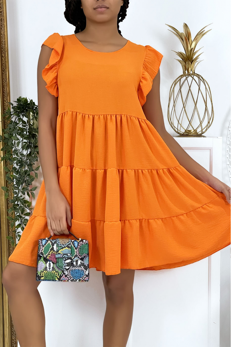 Oranje geplooide jurk met ruche en uitlopende snit - 1