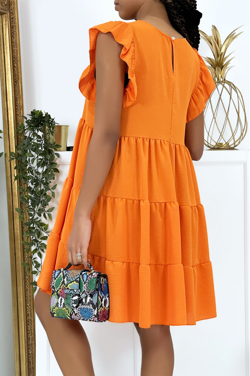 Oranje geplooide jurk met ruche en uitlopende snit - 4