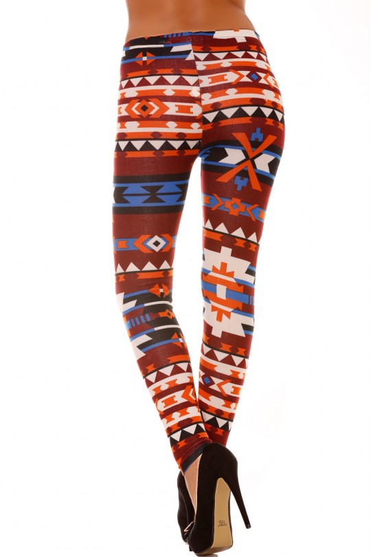 Leggings en acrylique coloré orange, bordeaux, bleu et motifs aztèque. Leggings pas cher 113-2 - 9