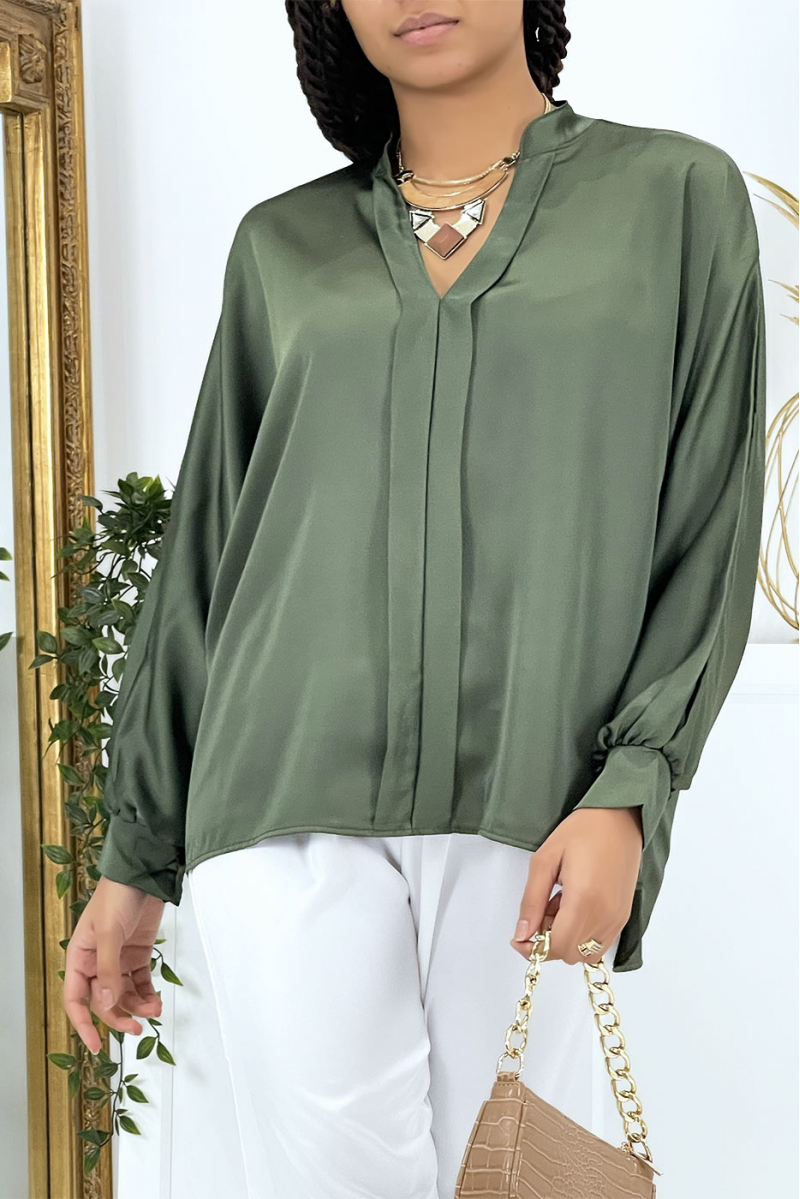 Green oversize satin blouse with pleats - 6