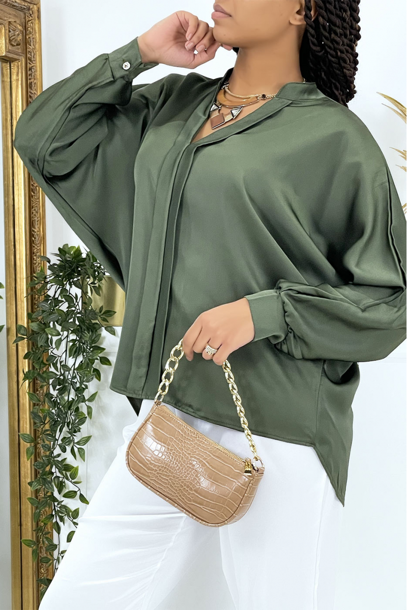 Green oversize satin blouse with pleats - 7