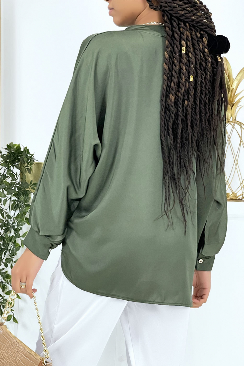 Green oversize satin blouse with pleats - 8