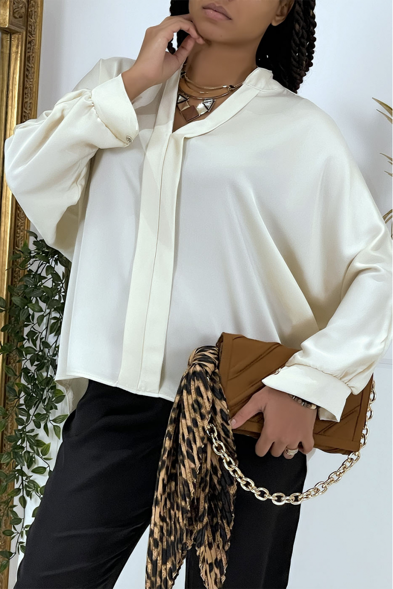 Beige oversize satin blouse with pleats - 2