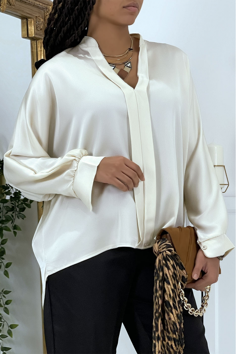 Beige oversize satin blouse with pleats - 4