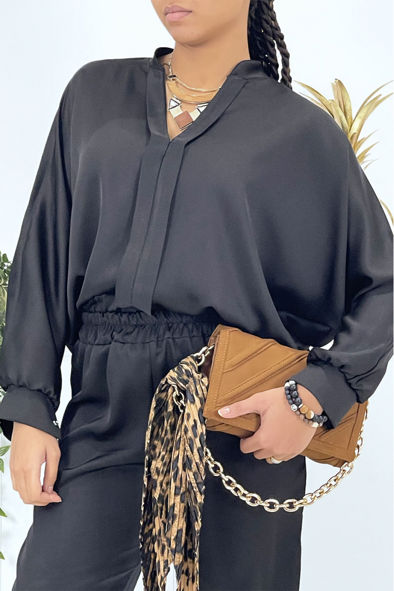 Black oversize satin blouse with pleats - 4