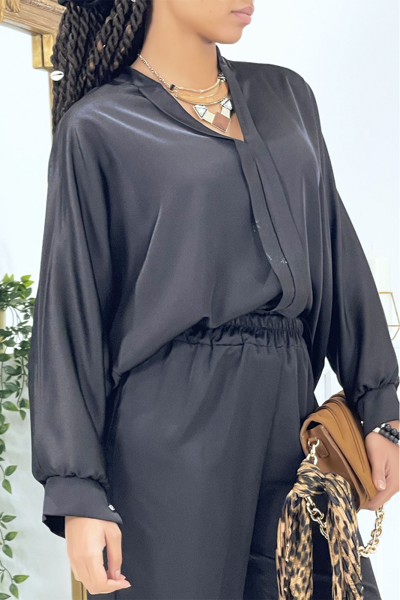 Black oversize satin blouse with pleats - 5