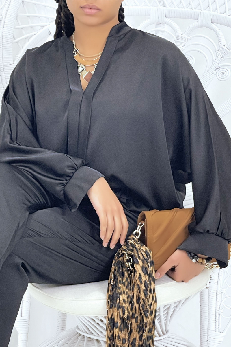 Black oversize satin blouse with pleats - 7