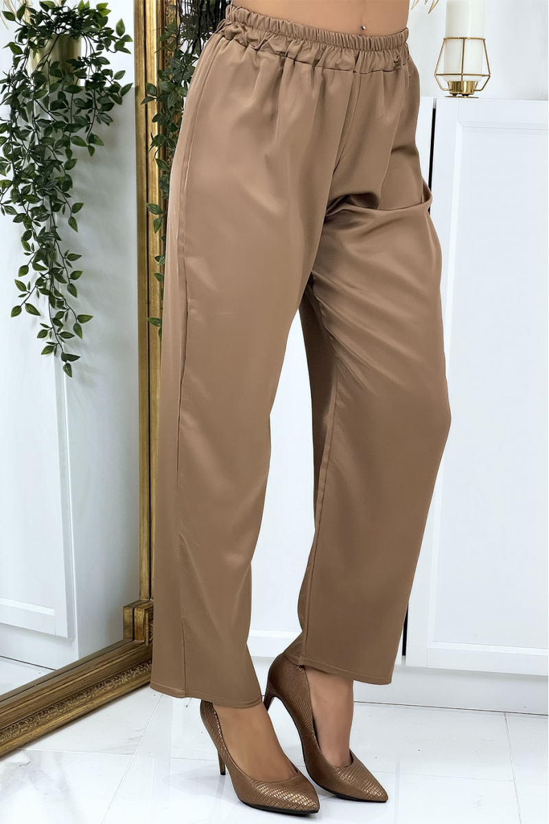 Women's brown satin fluid pants - 3