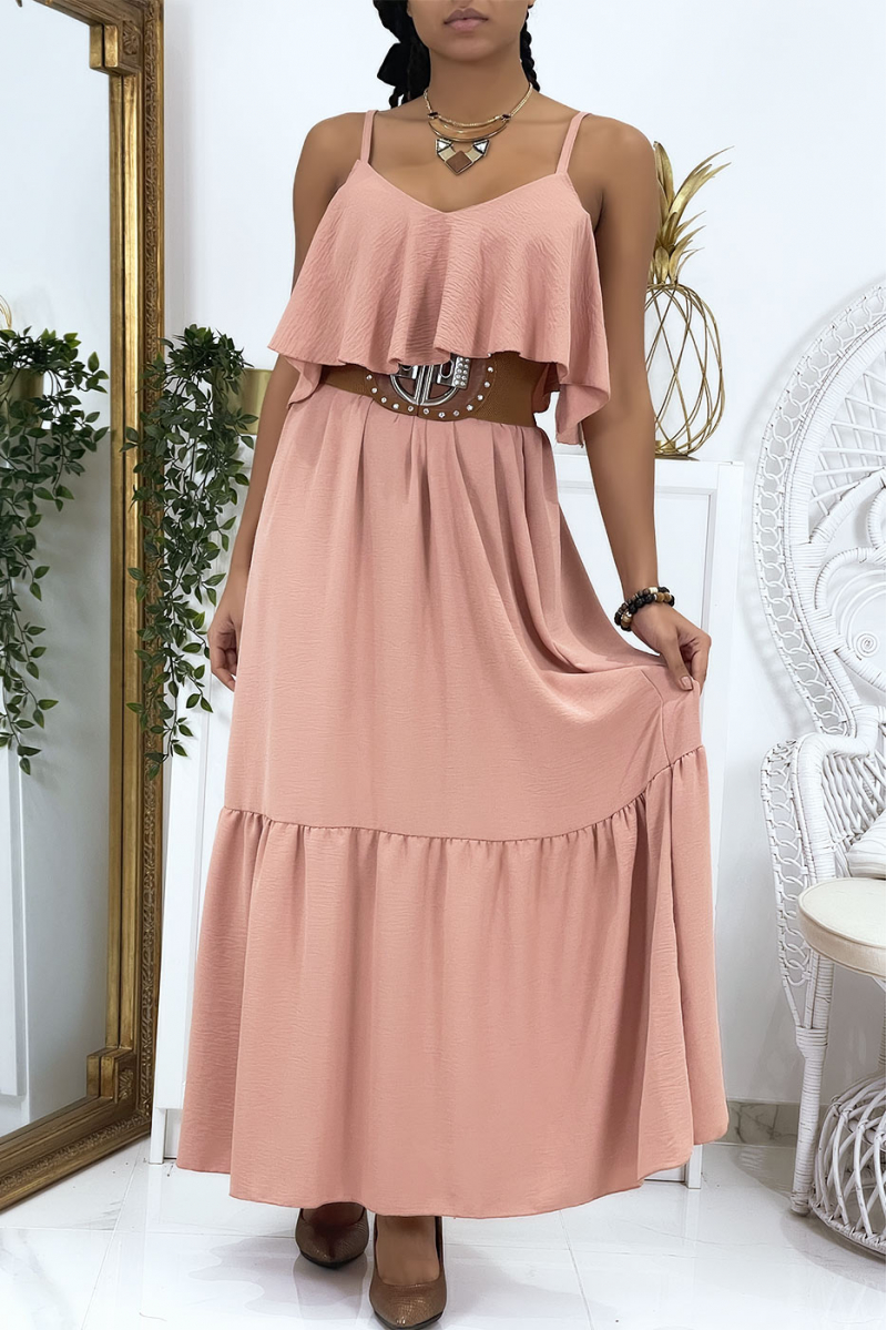 Lange roze uitlopende jurk met ruches en bandjes - 2