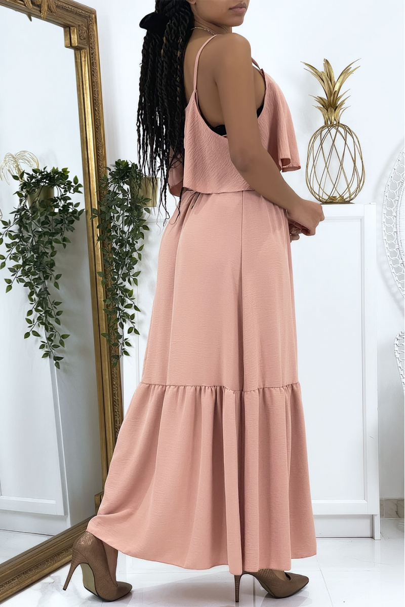 Long pink flared ruffled dress with straps - 3
