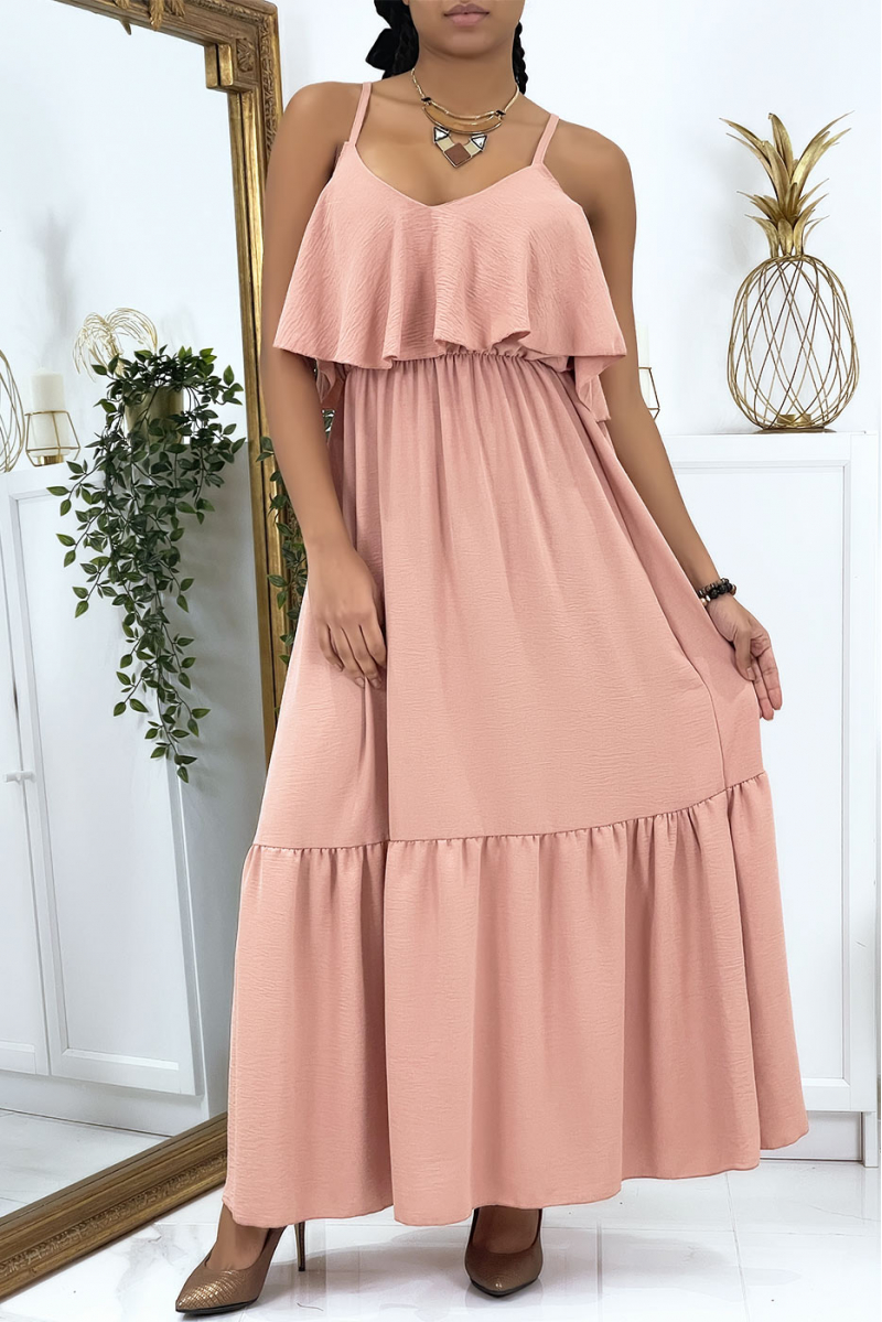 Lange roze uitlopende jurk met ruches en bandjes - 4