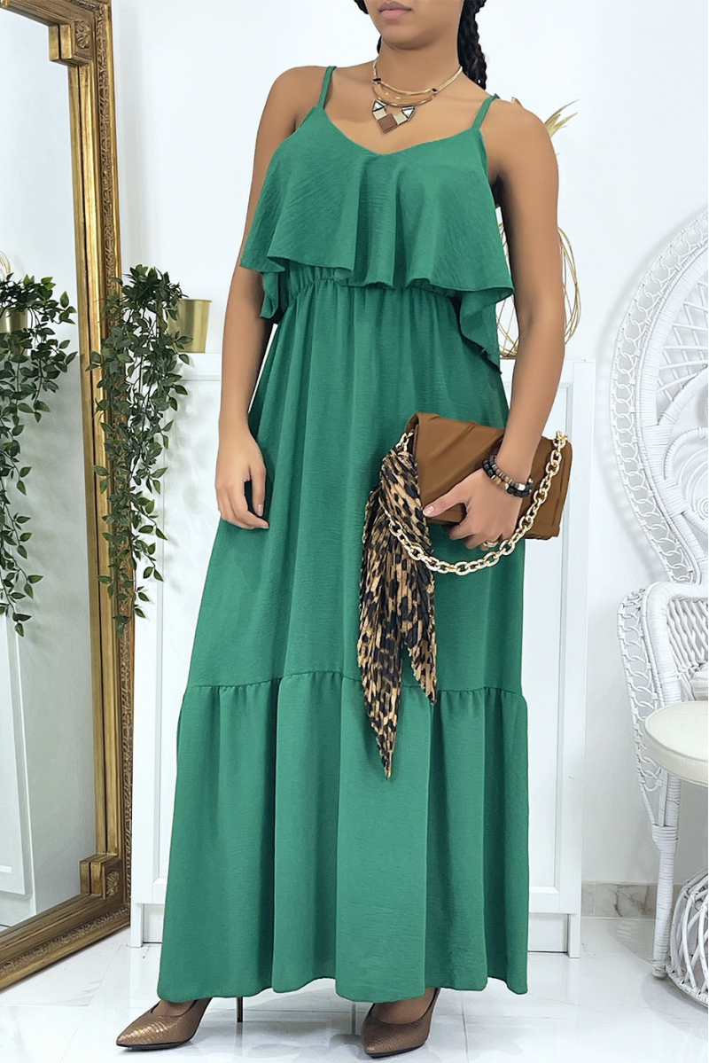 LoLL flared pine green dress with flounces and straps - 4