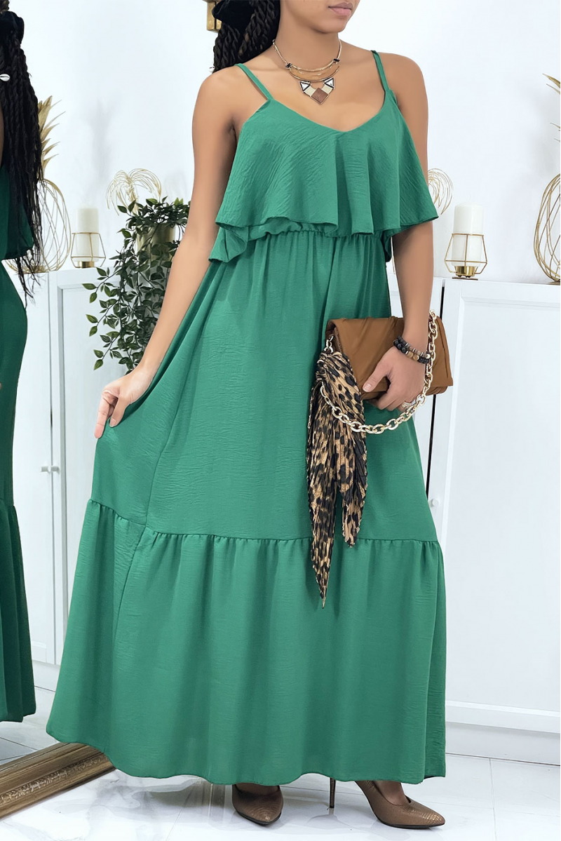 LoLL flared pine green dress with flounces and straps - 6