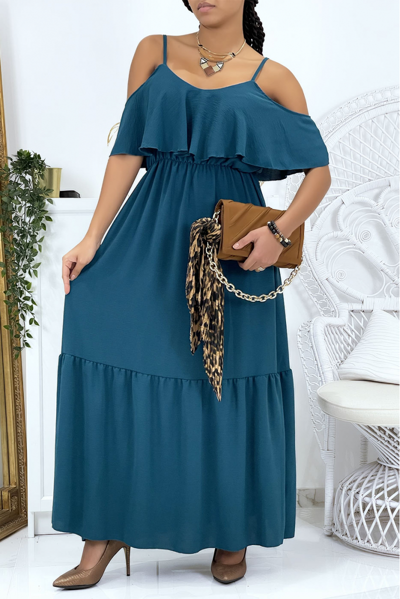 Lange uitlopende eendengroene jurk met volants en bandjes - 4