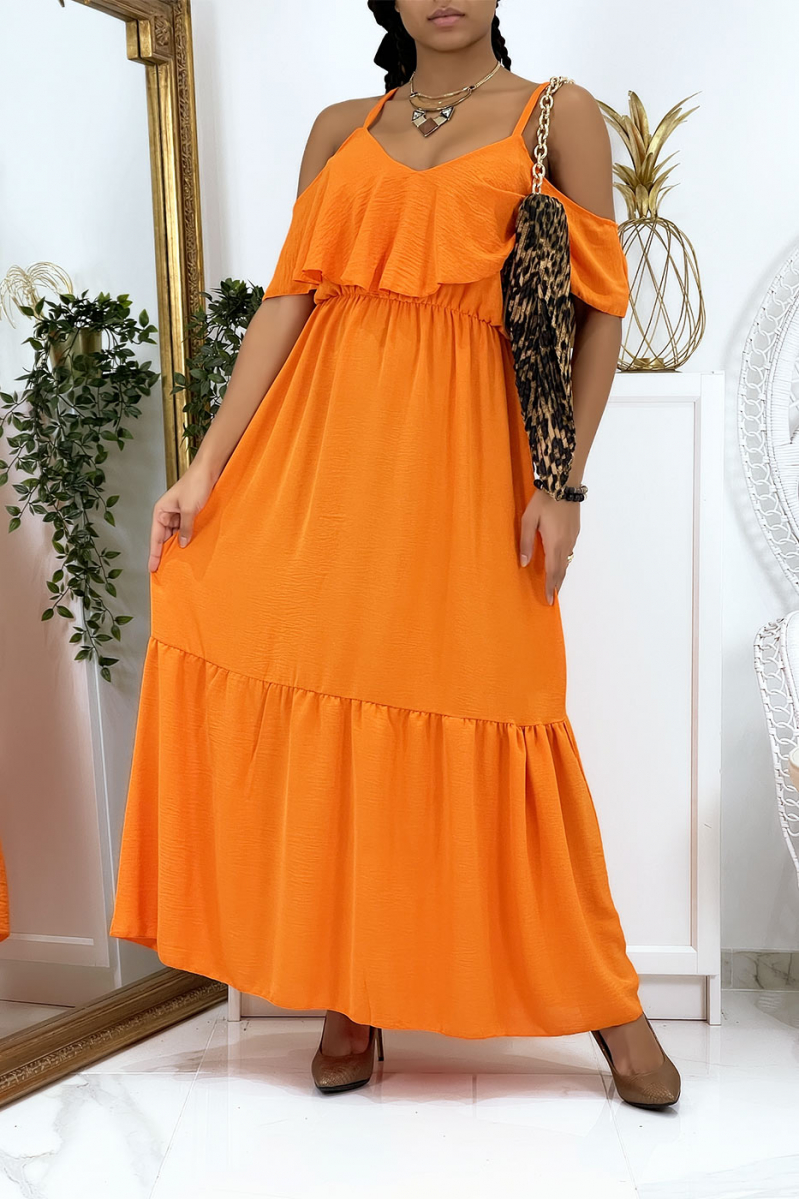 Lange oranje uitlopende jurk met ruches en bandjes - 1