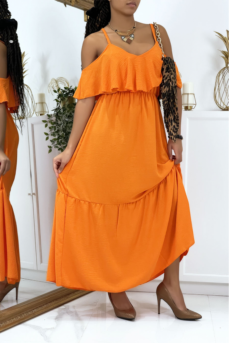 Lange oranje uitlopende jurk met ruches en bandjes - 3