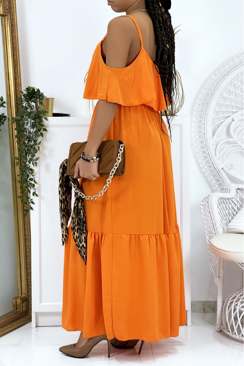 Lange oranje uitlopende jurk met ruches en bandjes - 4