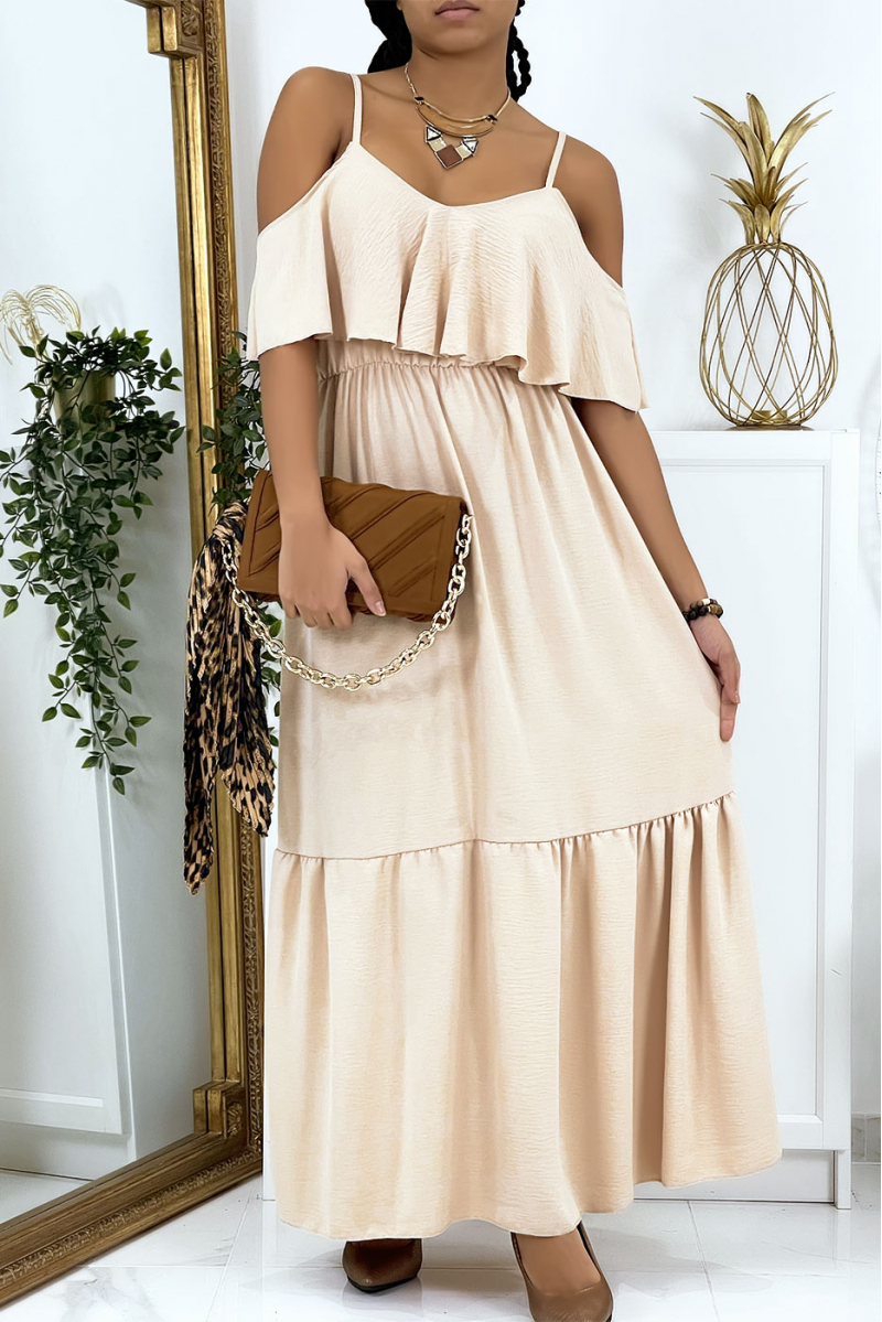 Long beige flared ruffled dress with straps - 1