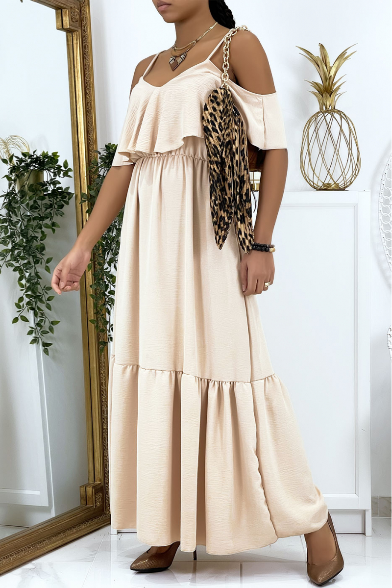 Lange beige uitlopende jurk met ruches en bandjes - 2
