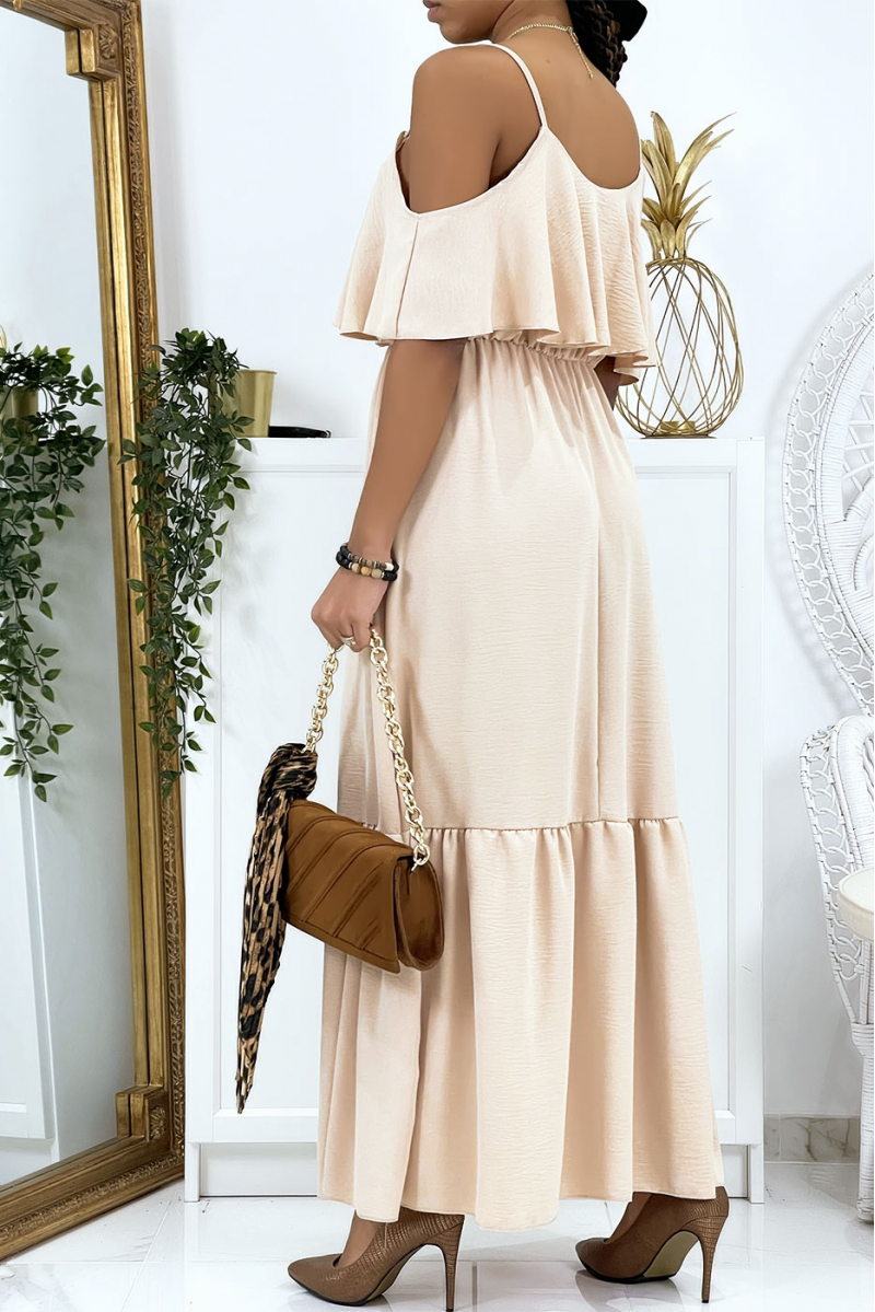 Long beige flared ruffled dress with straps - 3