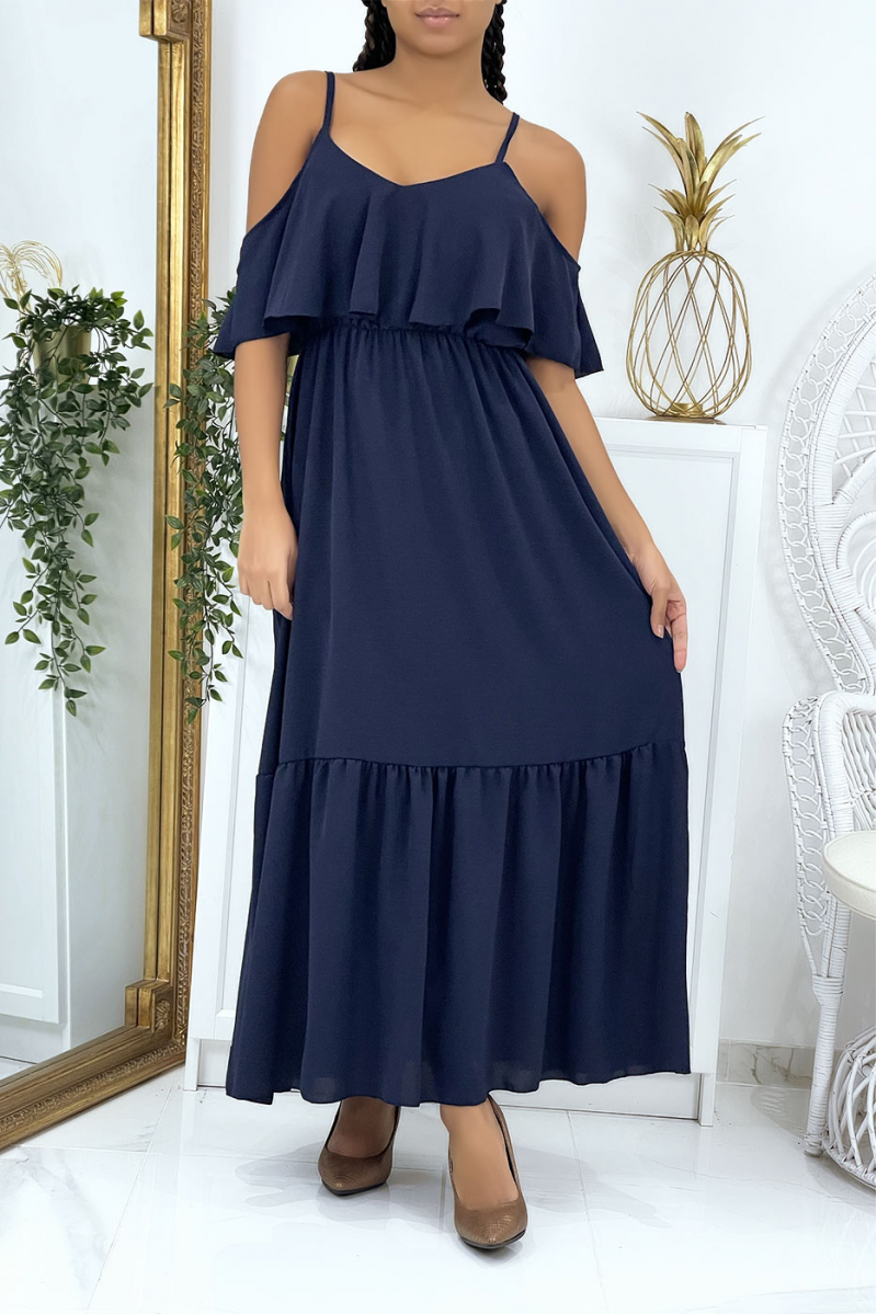 Long navy flared ruffled dress with straps - 1