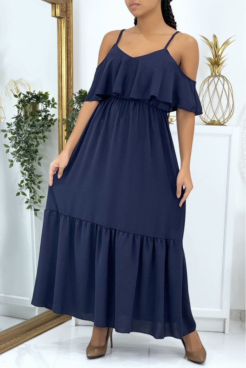Long navy flared ruffled dress with straps - 2