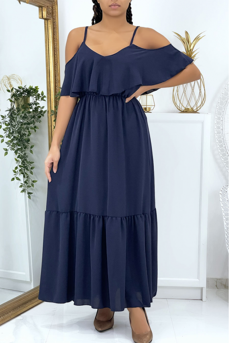 Long navy flared ruffled dress with straps - 3