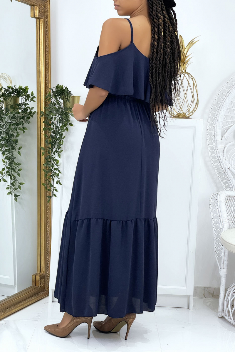 Long navy flared ruffled dress with straps - 4