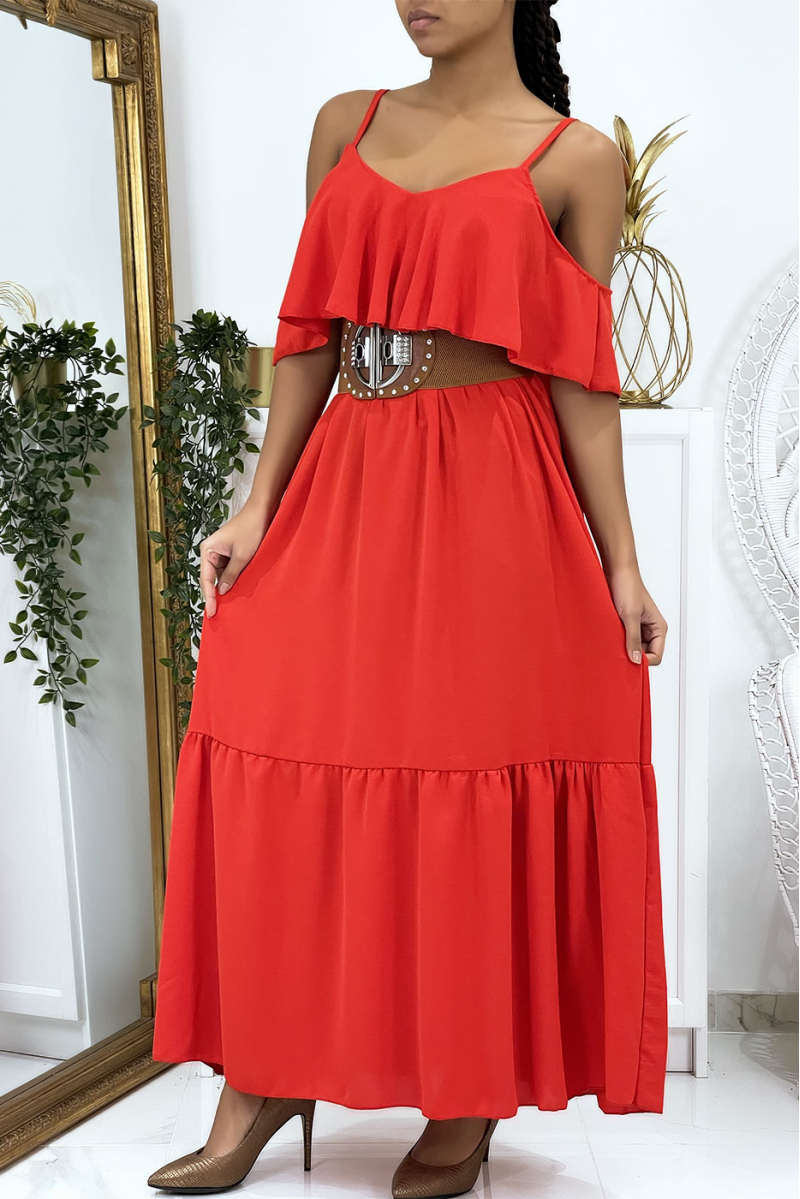 Lange uitlopende rode jurk met volants en bandjes - 1