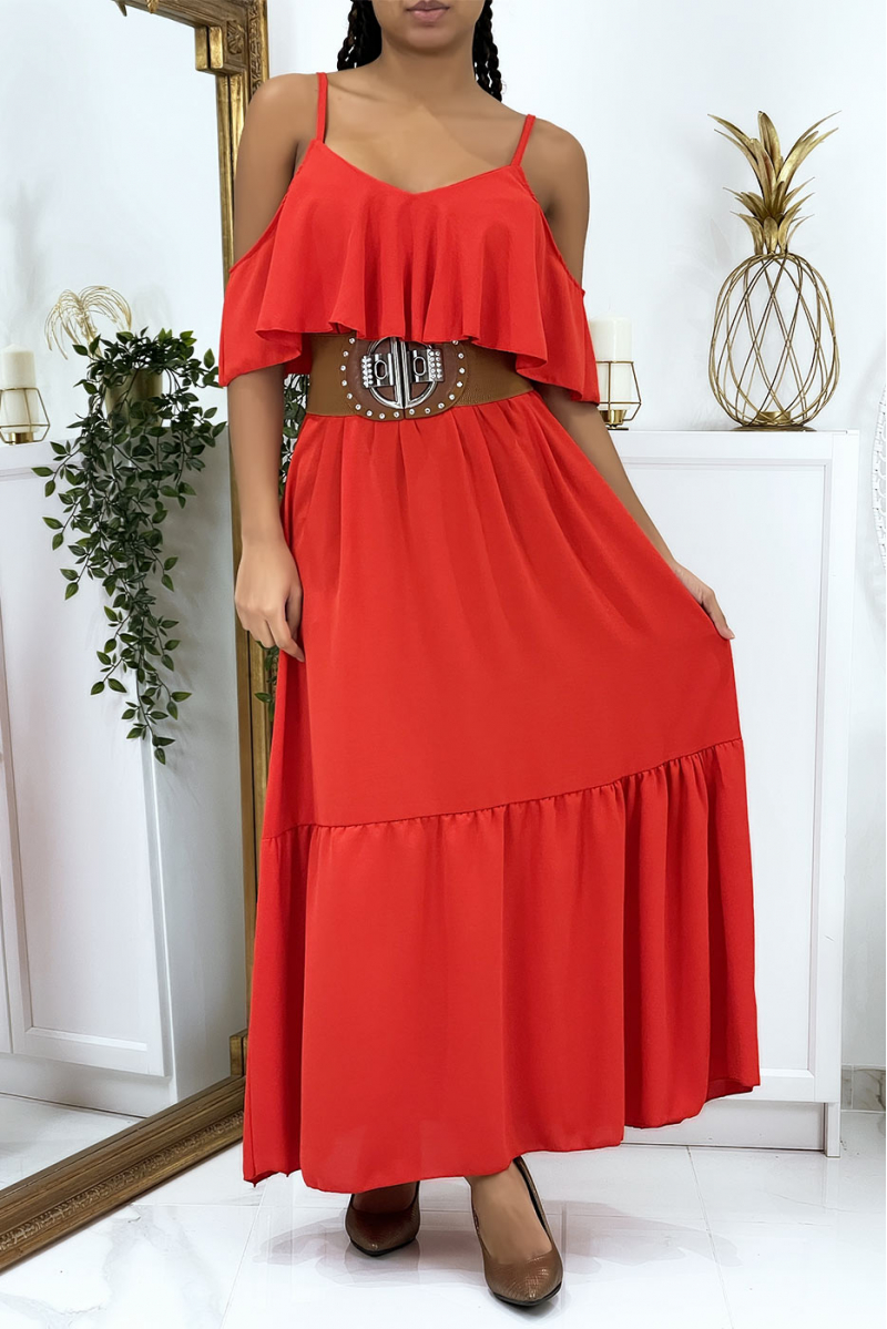 Long flared red dress with flounces and straps - 2