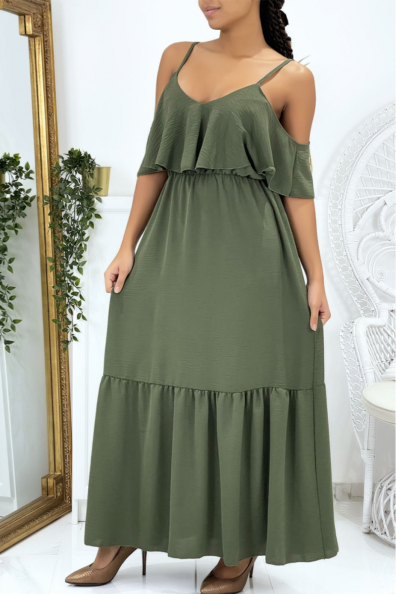 Long flared khaki dress with flounces and straps - 1