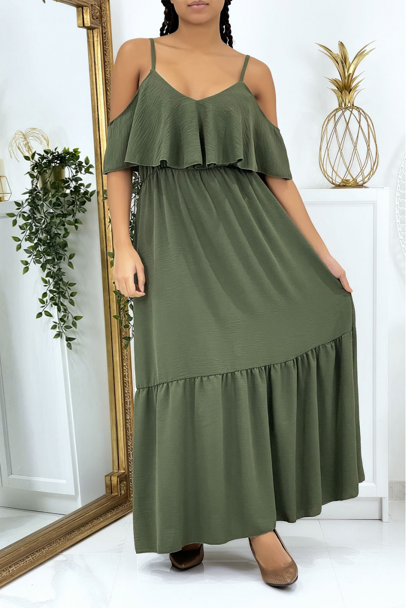 Long flared khaki dress with flounces and straps - 2