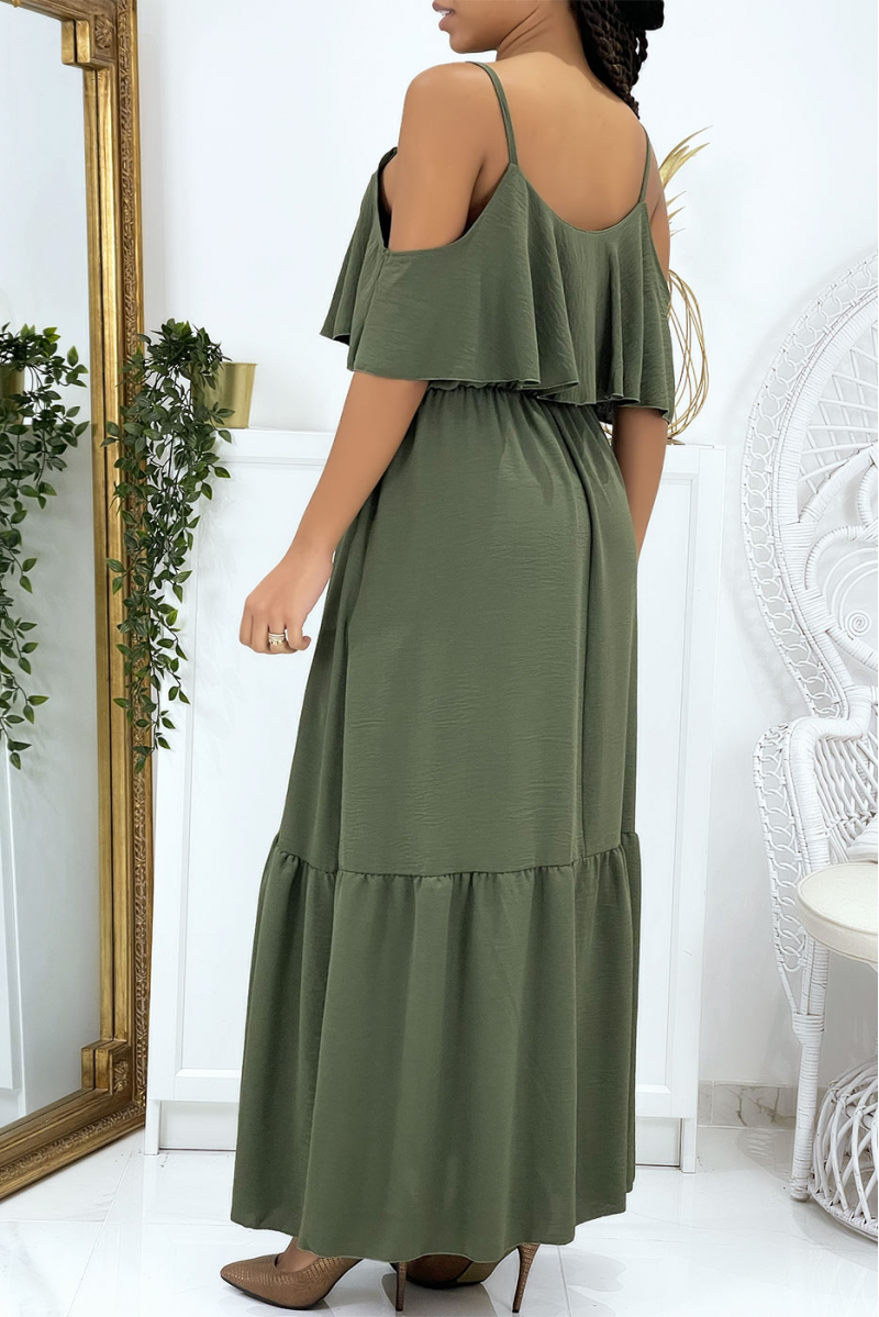 Long flared khaki dress with flounces and straps - 3