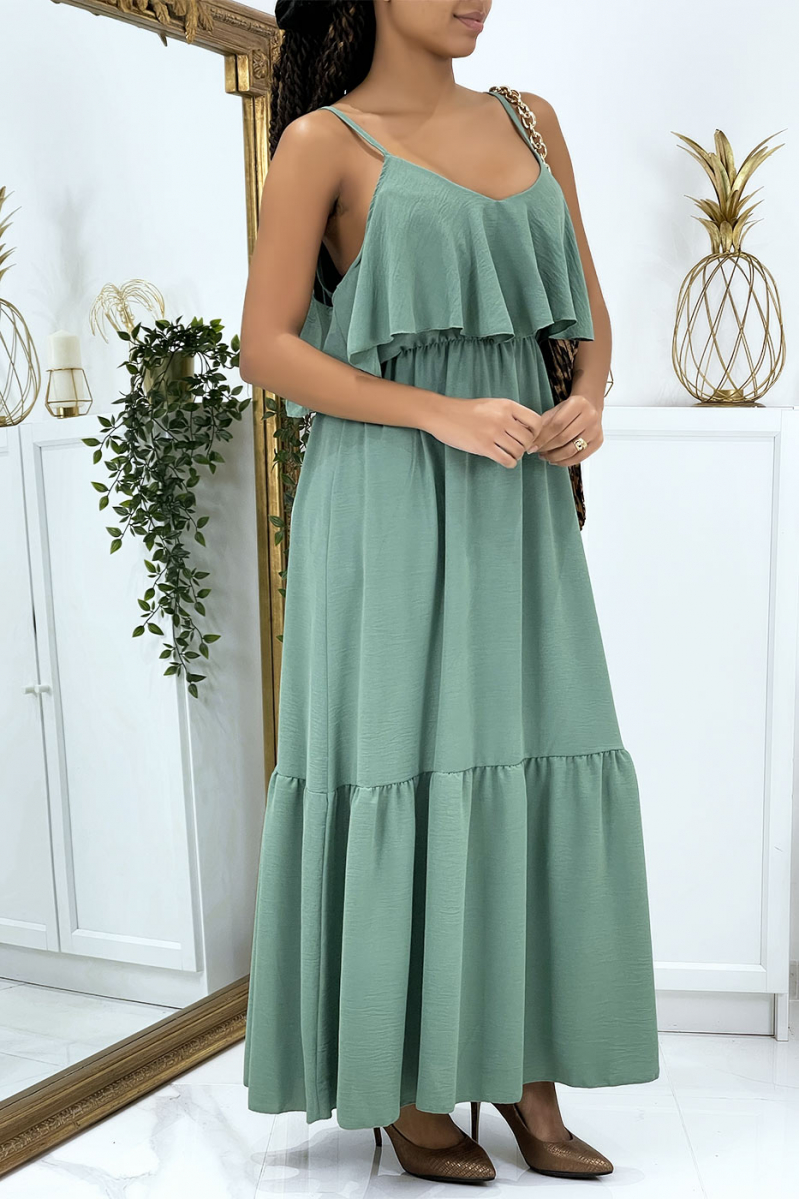 Long flared water green dress with flounces and straps - 2