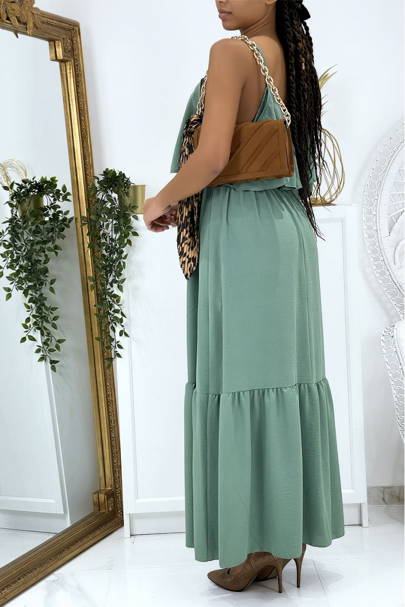 Long flared water green dress with flounces and straps - 3