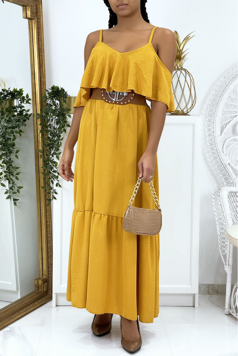 Long mustard flared ruffled dress with straps - 1