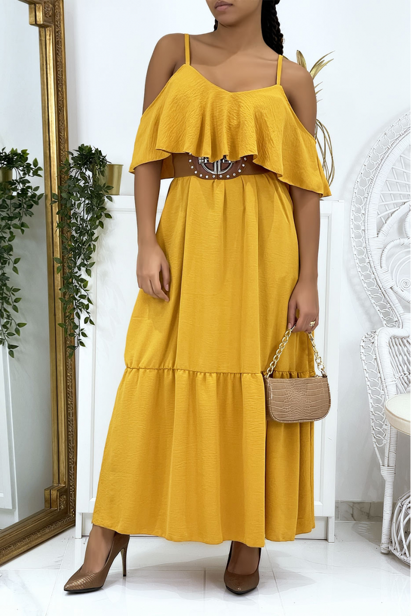 Long mustard flared ruffled dress with straps - 2