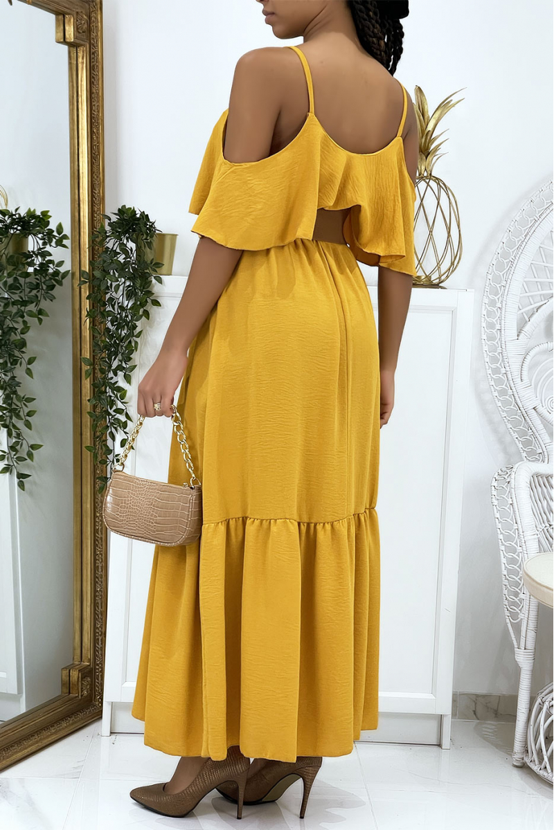 Long mustard flared ruffled dress with straps - 4