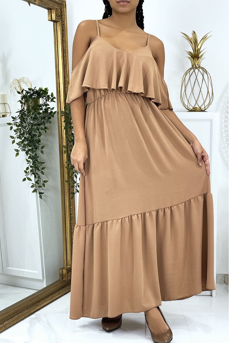 Long camel flared ruffled dress with straps - 1